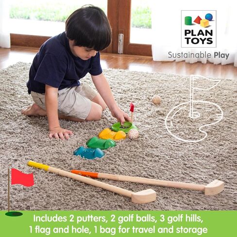 PlanToys Mini Golf - Full Toddler Golf Set - 2 Kid Size Golf Clubs, 2 Wooden Balls, 3 Different Challenging Tracks, Flag and Hole, and Golf Bag, Sustainably-Made in Saudi Arabia