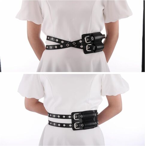 Women Punk Belt Wide Waist Dress Belt Vintage Double Grommet Cinch Belt Wide WaistBand Halloween Costume Party in Saudi Arabia