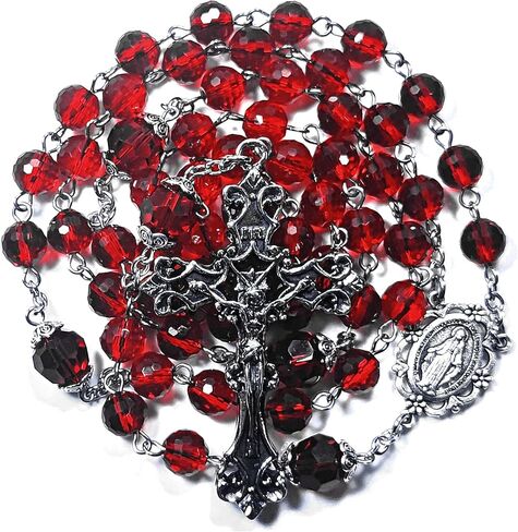 حبات المسبحة إكليل أحمر متعدد السطوح قطع زجاج كريستال اصطناعي مسبحة هدايا كاثوليكية متقاطعة in Kuwait