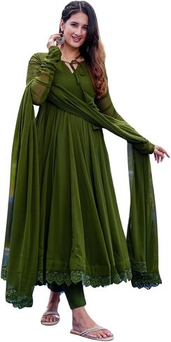 Women Olive Green Solid Lace Work Anarkali Kurta Pant And Dupatta Set in Saudi Arabia