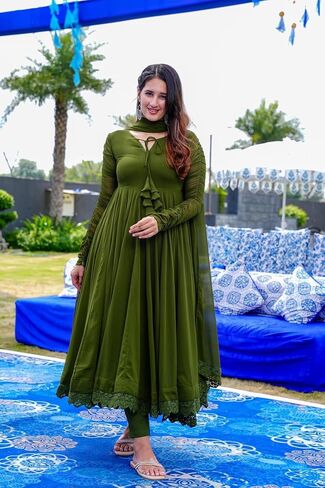 Women Olive Green Solid Lace Work Anarkali Kurta Pant And Dupatta Set in Saudi Arabia