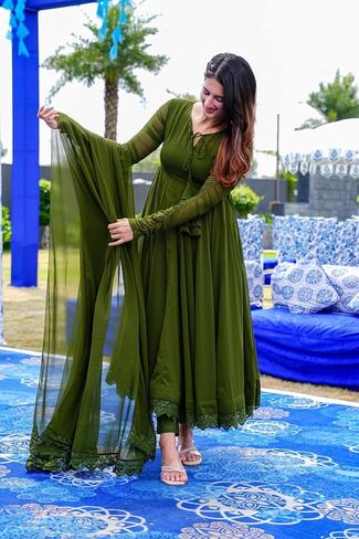 Women Olive Green Solid Lace Work Anarkali Kurta Pant And Dupatta Set in Saudi Arabia