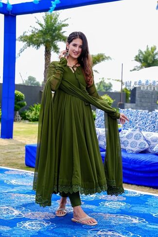 Women Olive Green Solid Lace Work Anarkali Kurta Pant And Dupatta Set in Saudi Arabia