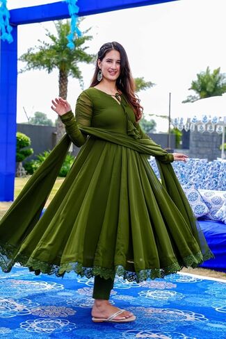 Women Olive Green Solid Lace Work Anarkali Kurta Pant And Dupatta Set in Saudi Arabia