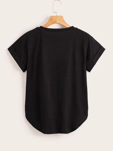 Milumia Women's Basic T Shirt Round Neck Short Sleeve Rolled Cuff Curved Hem Casual Tunic Tops in Kuwait