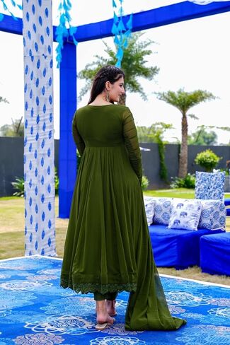Women Olive Green Solid Lace Work Anarkali Kurta Pant And Dupatta Set in Saudi Arabia