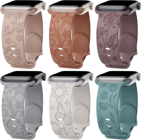 6 عبوات من الأربطة المنقوشة بالزهور متوافقة مع سوار ساعة Apple 40 مم 41 مم 38 مم 42 مم 44 مم 45 مم 49 مم للنساء، حزام رياضي على شكل فراشة عباد الشمس من السيليكون لسلسلة iWatch Band Series Ultra SE 9 8 7 6 5 4 3 2 1 in Kuwait