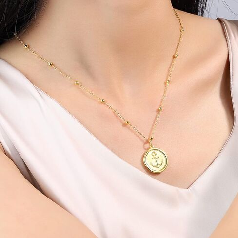 قلادة مرساة من الفضة الإسترلينية عيار 925 للنساء - قلادة من الذهب عيار 18 قيراط على شكل عملة معدنية مكتنزة قلادة مرساة بحرية مجوهرات بحرية قلادة ملهمة هدايا عيد ميلاد الأم للابنة والمراهقات in Kuwait