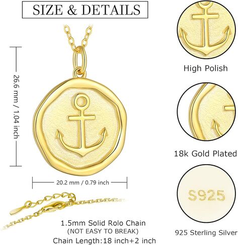 قلادة مرساة من الفضة الإسترلينية عيار 925 للنساء - قلادة من الذهب عيار 18 قيراط على شكل عملة معدنية مكتنزة قلادة مرساة بحرية مجوهرات بحرية قلادة ملهمة هدايا عيد ميلاد الأم للابنة والمراهقات in Kuwait