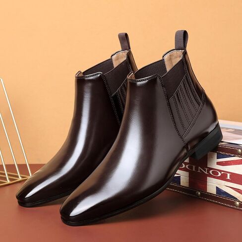 Men's Patent leather Low Heel Mid Top Dress Chelsea Boots Classic Retro Pointed toe Business Work Elastic Slip-on Boots Casual Comfortable Oxfords Ankle Boots in Saudi Arabia