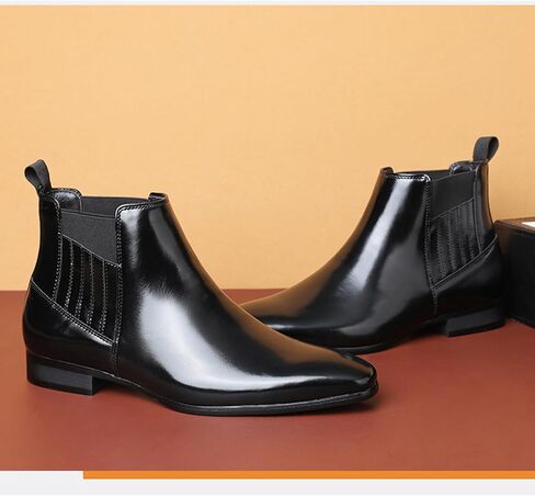 Men's Patent leather Low Heel Mid Top Dress Chelsea Boots Classic Retro Pointed toe Business Work Elastic Slip-on Boots Casual Comfortable Oxfords Ankle Boots in Saudi Arabia