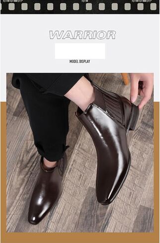Men's Patent leather Low Heel Mid Top Dress Chelsea Boots Classic Retro Pointed toe Business Work Elastic Slip-on Boots Casual Comfortable Oxfords Ankle Boots in Saudi Arabia