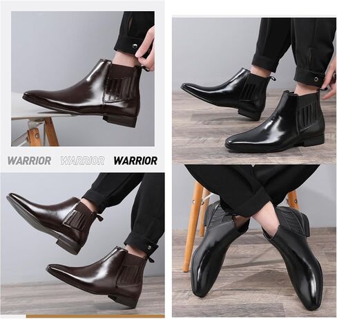 Men's Patent leather Low Heel Mid Top Dress Chelsea Boots Classic Retro Pointed toe Business Work Elastic Slip-on Boots Casual Comfortable Oxfords Ankle Boots in Saudi Arabia