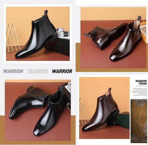 Men's Patent leather Low Heel Mid Top Dress Chelsea Boots Classic Retro Pointed toe Business Work Elastic Slip-on Boots Casual Comfortable Oxfords Ankle Boots in Saudi Arabia