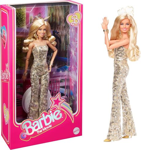 Barbie Margot Robbie as in Gold Disco Jumpsuit The Movie Collectible Doll (HPJ99) in Saudi Arabia