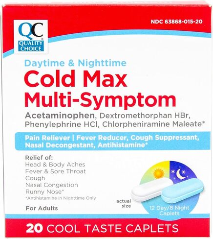 Quality Choice Day & Night Cold Max متعدد الأعراض، دواء البرد والإنفلونزا، مسكن للألم، مخفض للحمى، مثبط للسعال، مزيل لاحتقان الأنف، كبسولات ذات مذاق رائع تخفف الألم على مدار 24 ساعة in Kuwait