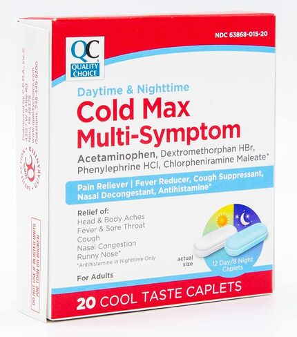 Quality Choice Day & Night Cold Max متعدد الأعراض، دواء البرد والإنفلونزا، مسكن للألم، مخفض للحمى، مثبط للسعال، مزيل لاحتقان الأنف، كبسولات ذات مذاق رائع تخفف الألم على مدار 24 ساعة in Kuwait
