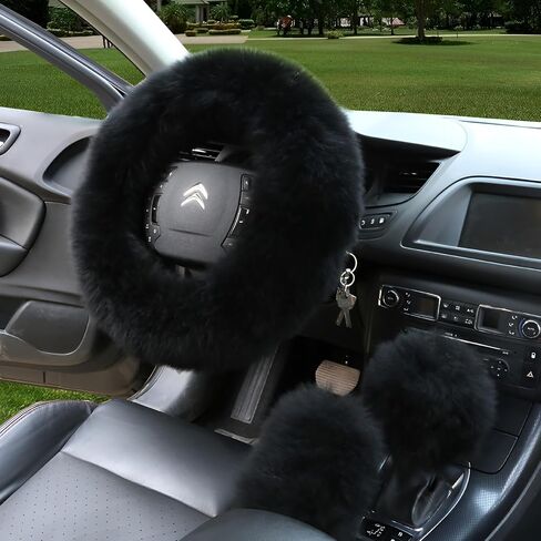 Multi-Colored Car Steering Wheel Cover Gear Shift Handbrake Fuzzy Cover 1 Set 3 Pcs with Winter Warm Pure Wool Fashion Fit Most Car for Women or Men in Saudi Arabia
