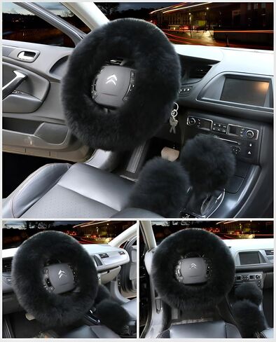 Multi-Colored Car Steering Wheel Cover Gear Shift Handbrake Fuzzy Cover 1 Set 3 Pcs with Winter Warm Pure Wool Fashion Fit Most Car for Women or Men in Saudi Arabia