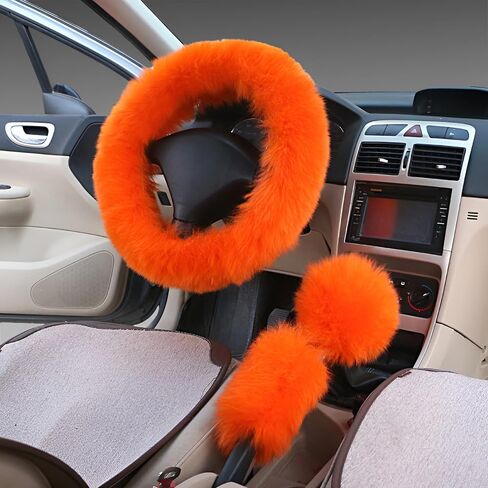 Multi-Colored Car Steering Wheel Cover Gear Shift Handbrake Fuzzy Cover 1 Set 3 Pcs with Winter Warm Pure Wool Fashion Fit Most Car for Women or Men in Saudi Arabia