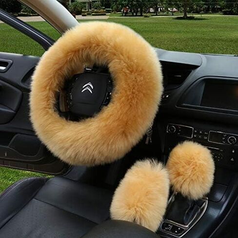 Multi-Colored Car Steering Wheel Cover Gear Shift Handbrake Fuzzy Cover 1 Set 3 Pcs with Winter Warm Pure Wool Fashion Fit Most Car for Women or Men in Saudi Arabia