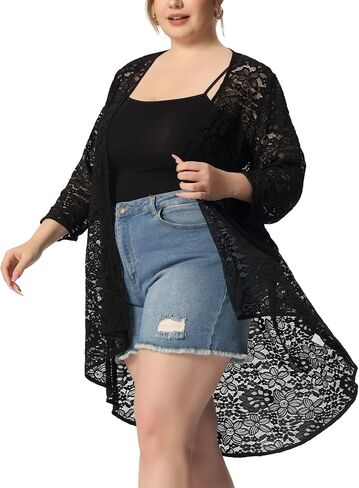 Agnes Orinda Plus Size Cardigans for Women Lightweight 3/4 Sleeve Open Front Crochet 2024 Lace Cover Up in Saudi Arabia