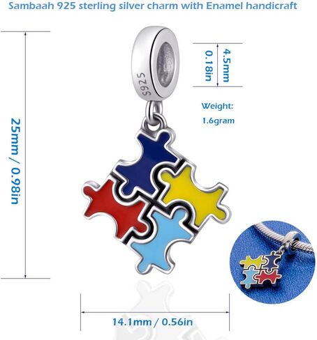 سحر الوعي بالتوحد من الفضة الإسترليني قطعة لغز ملونة قلادة خرز من المينا in Kuwait