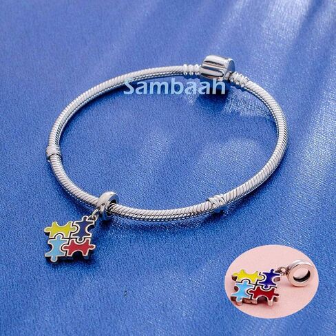 سحر الوعي بالتوحد من الفضة الإسترليني قطعة لغز ملونة قلادة خرز من المينا in Kuwait