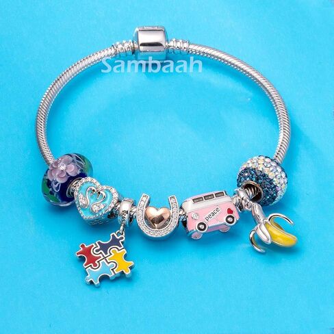 سحر الوعي بالتوحد من الفضة الإسترليني قطعة لغز ملونة قلادة خرز من المينا in Kuwait