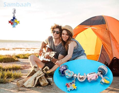 سحر الوعي بالتوحد من الفضة الإسترليني قطعة لغز ملونة قلادة خرز من المينا in Kuwait