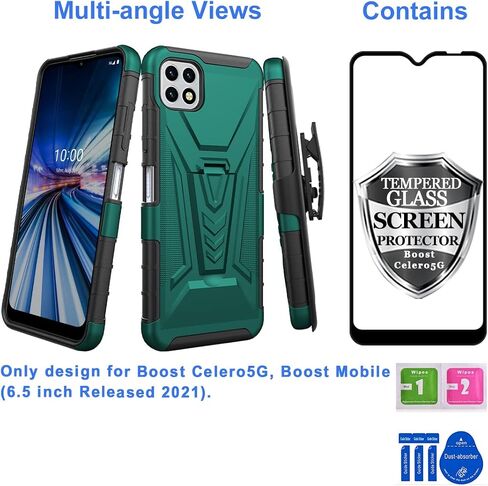 Ailiber for Celero 5G Phone Case - Boost Mobile, Wingtech Celero 5G Case Holster with Screen Protector, Swivel Belt Clip Holster with Kickstand, Heavy Duty Full Body Shockproof Cover - Green in Kuwait