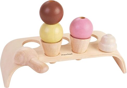 PlanToys Ice Cream Cone Pretend Play Food Set (3486) | Sustainably Made from Rubberwood and Non-Toxic Paints and Dyes in Saudi Arabia