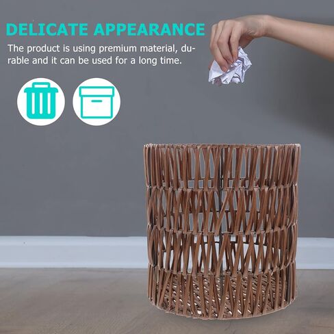 Gatuida Small Woven Basket Trash Can Wastebasket Round Wicker Waste Paper Bin Storage Basket for Bedroom, Bathroom, Office(Brown) in Saudi Arabia