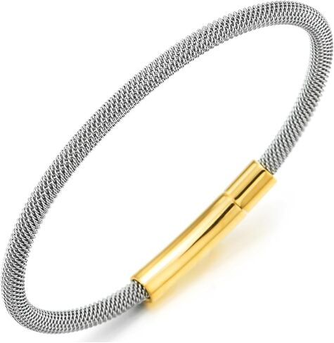 COOLSTEELANDBEYOND Stainless Steel Mesh Wire Bangle Bracelet for Mens Women, Gold Color Spring Clasp in Saudi Arabia
