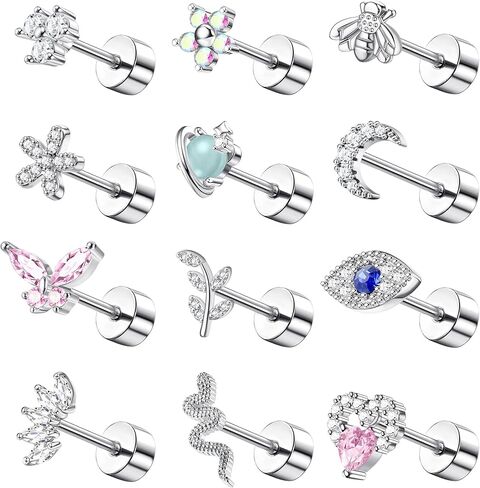 Finrezio 12PCS 18G Stainless Steel Cartilage Earrings for Women Men Flat Back Stud Earrings Heart Butterfly Evil Eye Snake Tiny Flatback Stud Earrings Tragus Couch Helix Piercing Jewelry 6MM 8MM in Saudi Arabia