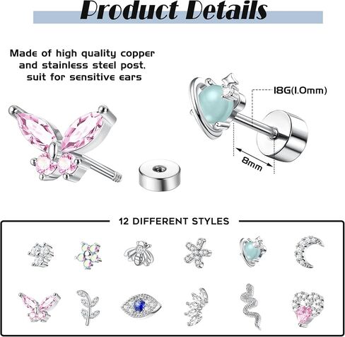 Finrezio 12PCS 18G Stainless Steel Cartilage Earrings for Women Men Flat Back Stud Earrings Heart Butterfly Evil Eye Snake Tiny Flatback Stud Earrings Tragus Couch Helix Piercing Jewelry 6MM 8MM in Saudi Arabia