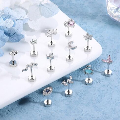 Finrezio 12PCS 18G Stainless Steel Cartilage Earrings for Women Men Flat Back Stud Earrings Heart Butterfly Evil Eye Snake Tiny Flatback Stud Earrings Tragus Couch Helix Piercing Jewelry 6MM 8MM in Saudi Arabia