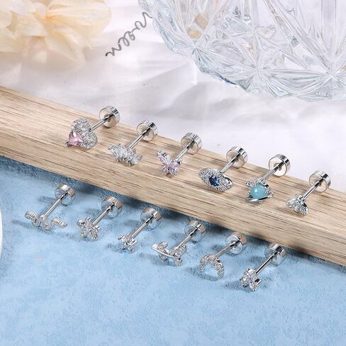 Finrezio 12PCS 18G Stainless Steel Cartilage Earrings for Women Men Flat Back Stud Earrings Heart Butterfly Evil Eye Snake Tiny Flatback Stud Earrings Tragus Couch Helix Piercing Jewelry 6MM 8MM in Saudi Arabia