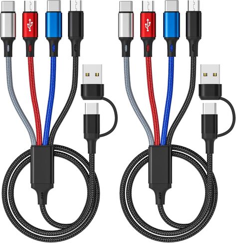 كابل شحن متعدد 6 في 1، كابل شاحن متعدد 2 حزمة - 6 أقدام كابل USB متعدد مضفر 3A سلك شاحن هاتف عالمي متعدد موصل USB A/C مع النوع C، منافذ USB صغيرة/2 * IP للهاتف الخلوي/الأجهزة اللوحية in Kuwait