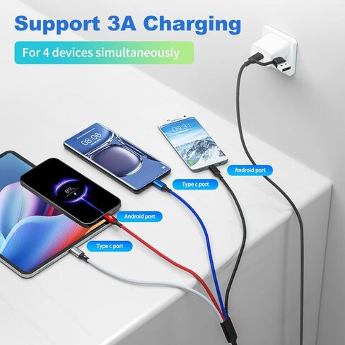 كابل شحن متعدد 6 في 1، كابل شاحن متعدد 2 حزمة - 6 أقدام كابل USB متعدد مضفر 3A سلك شاحن هاتف عالمي متعدد موصل USB A/C مع النوع C، منافذ USB صغيرة/2 * IP للهاتف الخلوي/الأجهزة اللوحية in Kuwait