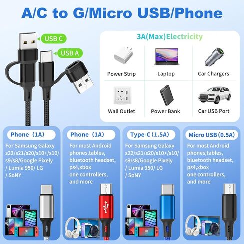 كابل شحن متعدد 6 في 1، كابل شاحن متعدد 2 حزمة - 6 أقدام كابل USB متعدد مضفر 3A سلك شاحن هاتف عالمي متعدد موصل USB A/C مع النوع C، منافذ USB صغيرة/2 * IP للهاتف الخلوي/الأجهزة اللوحية in Kuwait