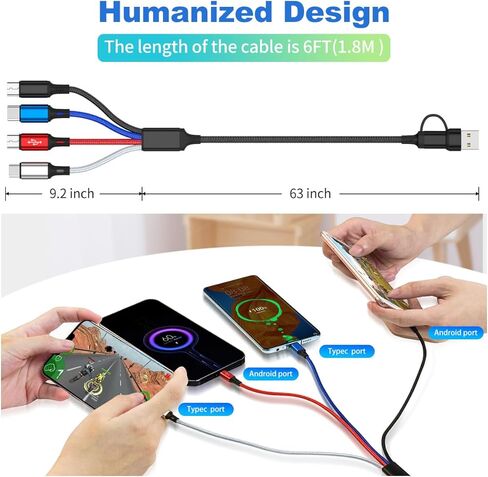 كابل شحن متعدد 6 في 1، كابل شاحن متعدد 2 حزمة - 6 أقدام كابل USB متعدد مضفر 3A سلك شاحن هاتف عالمي متعدد موصل USB A/C مع النوع C، منافذ USB صغيرة/2 * IP للهاتف الخلوي/الأجهزة اللوحية in Kuwait
