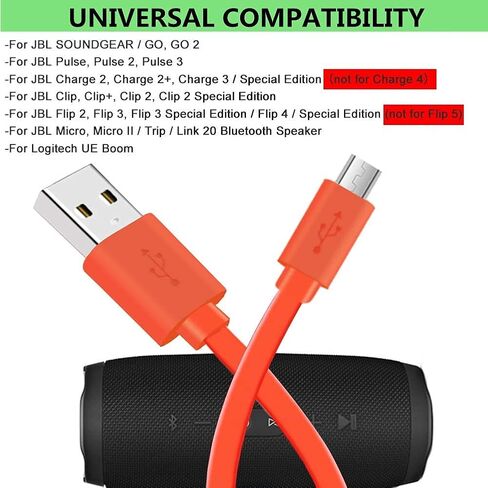 Saipomor Flip4 Replacement Cable Micro USB Fast Charger Flat Cord Compatible with JBL Flip4 Flip3 Clip3 Charge2+ Charge3 Pulse3 Bluetooth Speaker and Logitech UE Boom3 22AWG Android Phones(3.3ft) in Kuwait