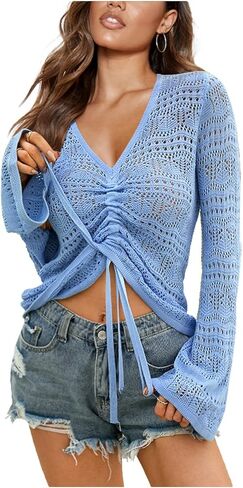 سترة نسائية كاجوال من Joukavor برقبة على شكل حرف V وأكمام طويلة شفافة من الكروشيه in Kuwait