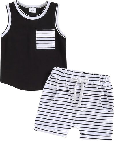 Kayotuas 2Pcs Baby Boy Summer Clothes Casual Pocket Sleeveless Tank Tops and Stripes Shorts Set Infant Toddler Short Outfits in Saudi Arabia