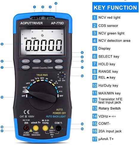 Digital MultimeterTRMS 40000Counts Autoranging Voltmeter Ammeter with High Precision for NCV AC/DC Voltage Current Resistance Capacitance Frequency Diodes hFE Temperature AP-770D in Saudi Arabia