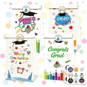 12 Packs 2024 Graduation Treat Boxes Cartoon Kindergarten Preschool Gifts Boxes Congrats Grad Goodies Candy Boxes with Handles for 2024 College School Kindergarten Graduation Gifts Wrapping Supplies