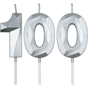 100th Birthday Candles for Cake, Silver Number 100 3D Diamond Shaped Candle Birthday Decorations Party Supplies