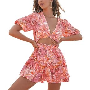 FANCYINN Women's 2024 Summer Dress Floral Cutout Tie Front Puff Sleeve Ruffle Swing Mini Short Dresses