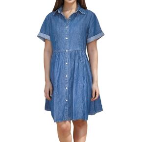 Denim Dress for Women Short Sleeve Button Down Jean Dresses Womens Casual Babydoll Denim Dresses with Pockets